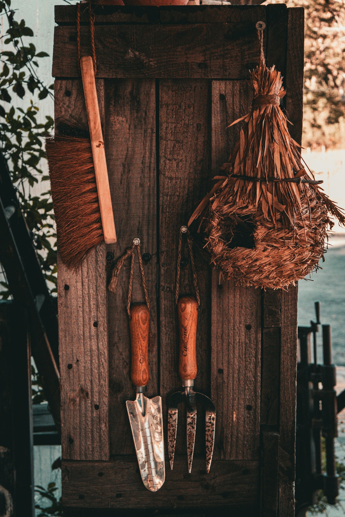 A wooden door with tools hanging on it